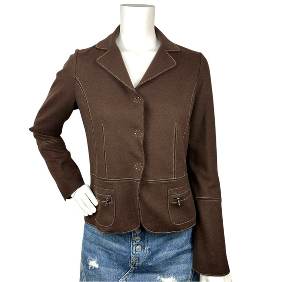 Chocolate Brown Wool Blazer Jacket M Floral Lining Power Dress Margaret O’Leary - Picture 13 of 14